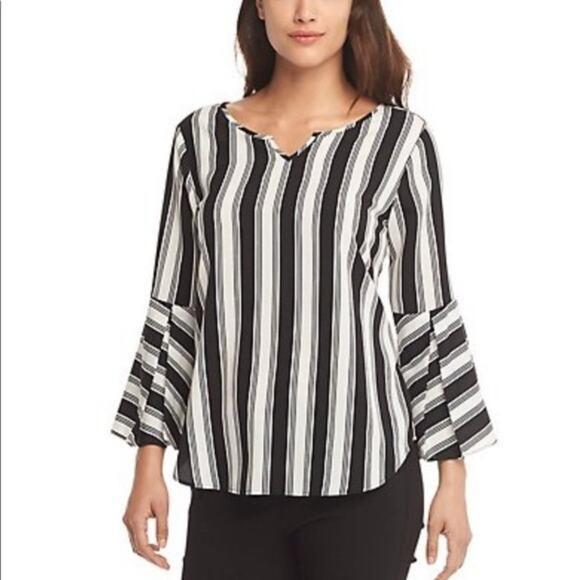 Van Heusen Stripped Bell-Sleeve Black & White Top Womens Size  Medium - Picture 1 of 11